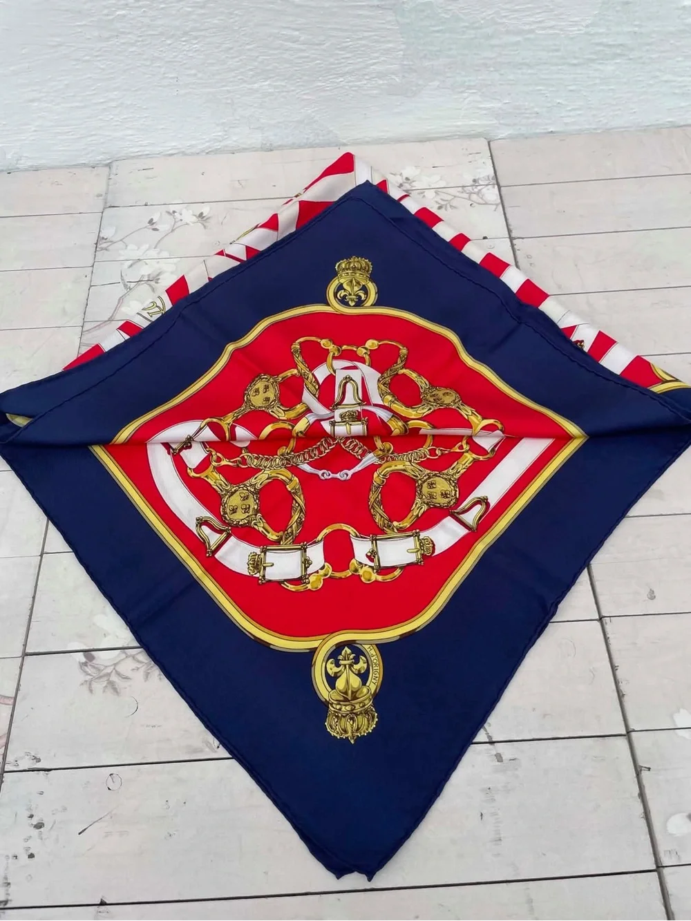 Hermes Red Navy Cream Silk Scarf with Equestrian Print - Picture 6 of 12